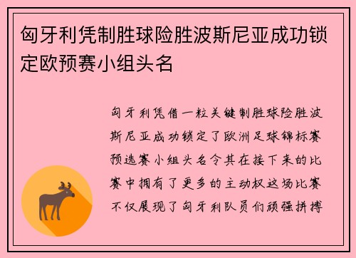 匈牙利凭制胜球险胜波斯尼亚成功锁定欧预赛小组头名