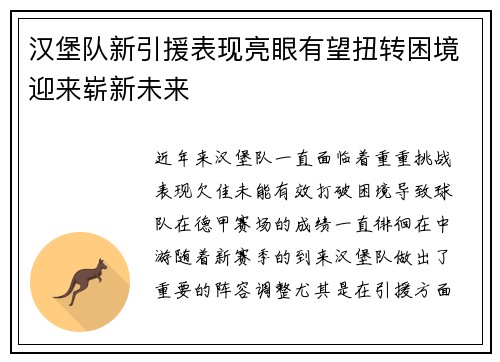 汉堡队新引援表现亮眼有望扭转困境迎来崭新未来